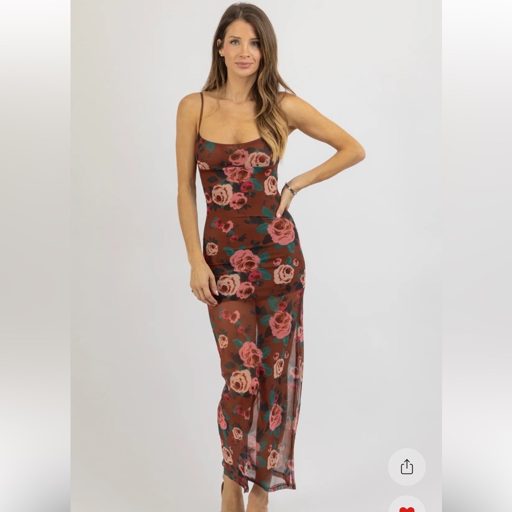 Olivaceous Strapless Brown Floral Maxi Dress